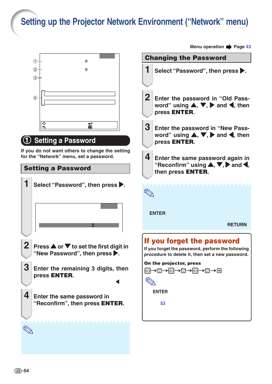 Setting a password, Setting up the projector network, Environment (“network” menu) | 11 setting a password, If you forget the password, Changing the password | Sharp Notevision XG-C435X-L User Manual | Page 56 / 73