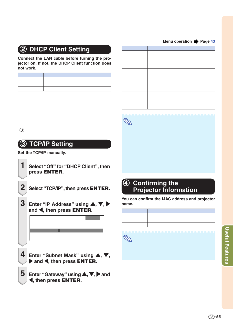 Dhcp client setting, Tcp/ip setting, Confirming the projector information | 22 dhcp client setting, 33 tcp/ip setting | Sharp Notevision XG-C435X-L User Manual | Page 57 / 73