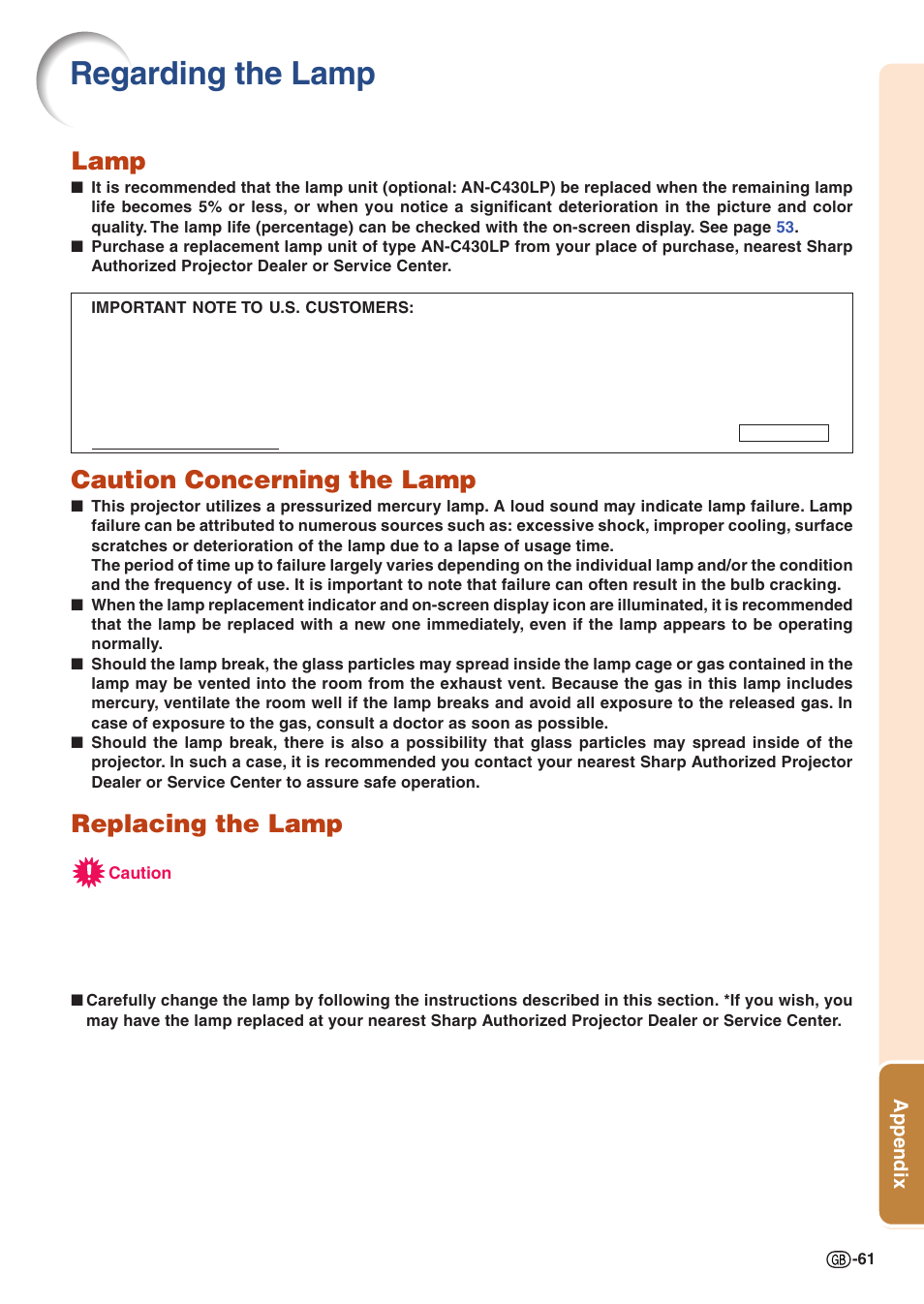 Regarding the lamp, Lamp, Caution concerning the lamp | Replacing the lamp | Sharp Notevision XG-C435X-L User Manual | Page 63 / 73