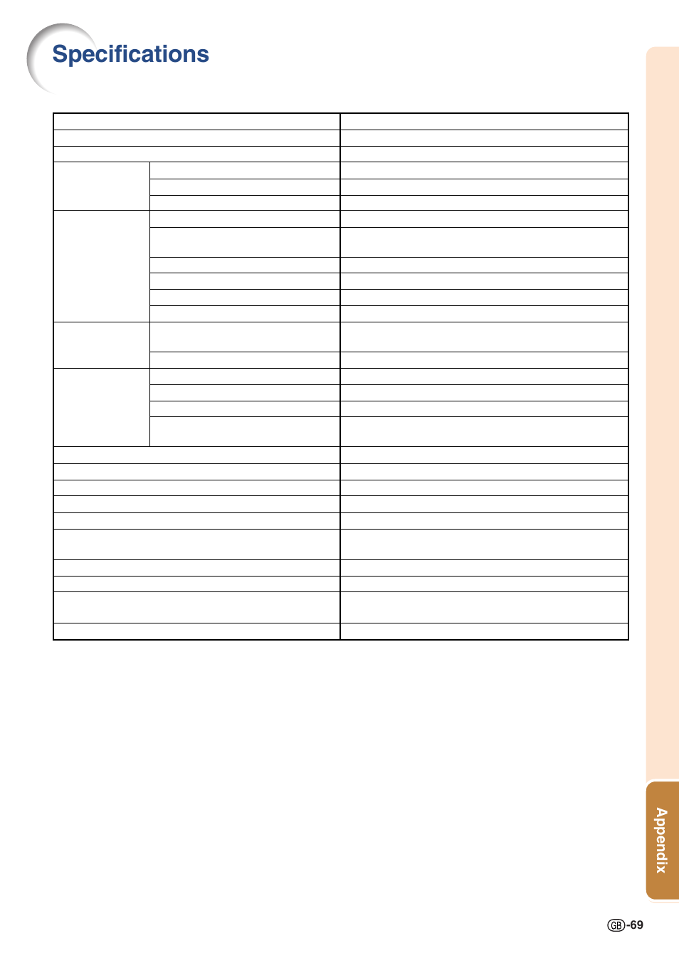 Specifications, Appendix | Sharp Notevision XG-C435X-L User Manual | Page 71 / 73