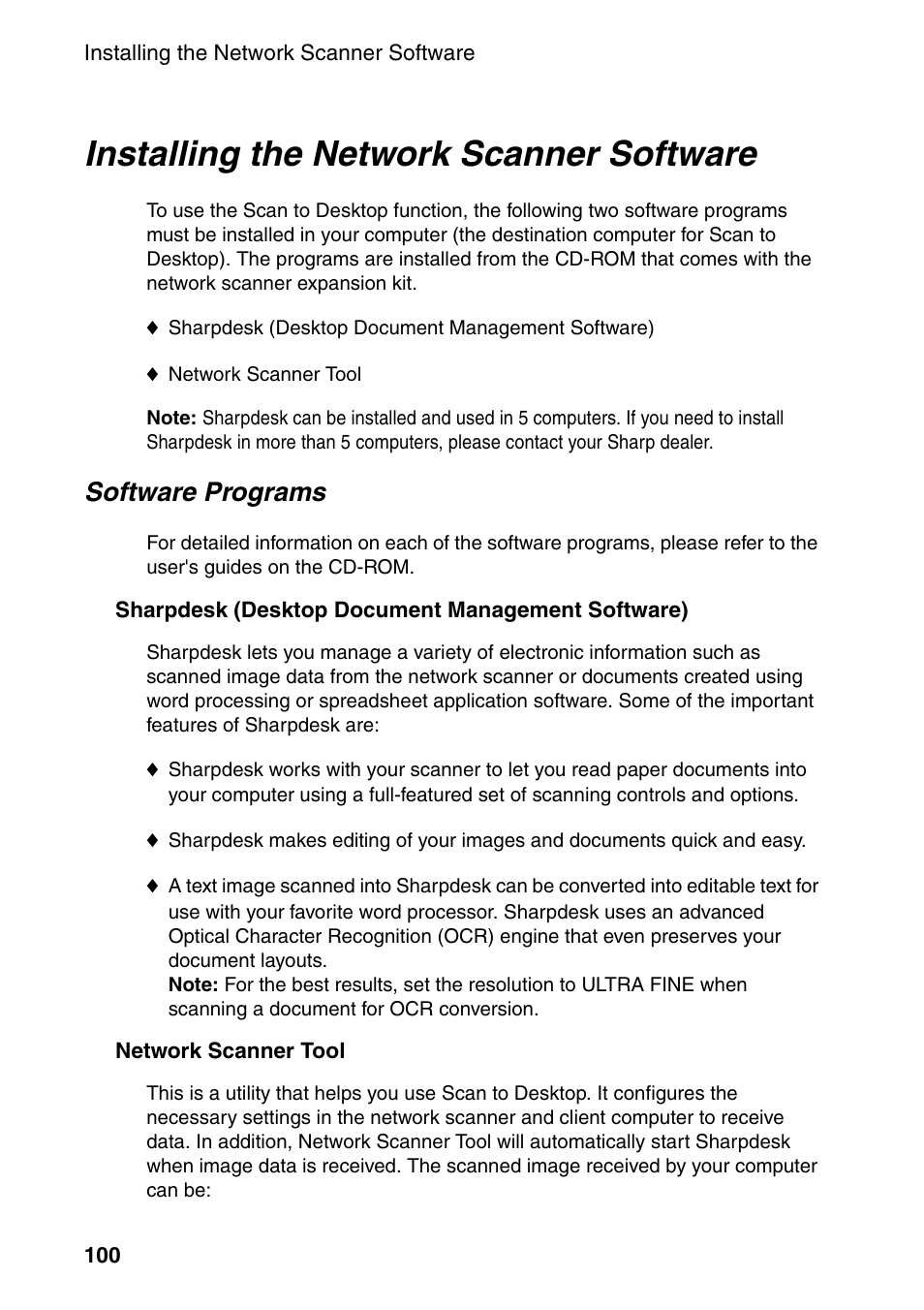 Installing the network scanner software, Ge 100, Software programs | Sharp FO-DC535 User Manual | Page 102 / 248