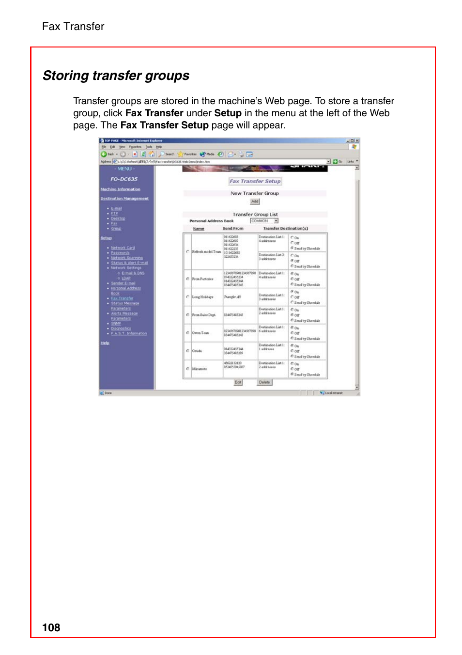 Storing transfer groups | Sharp FO-DC535 User Manual | Page 110 / 248