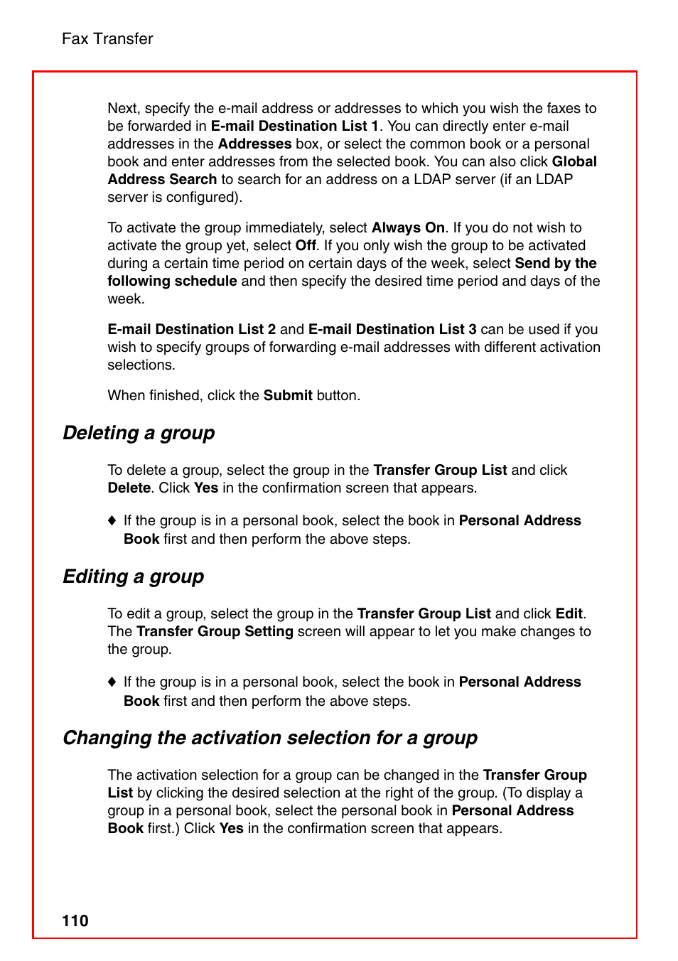 Deleting a group, Editing a group, Changing the activation selection for a group | Sharp FO-DC535 User Manual | Page 112 / 248