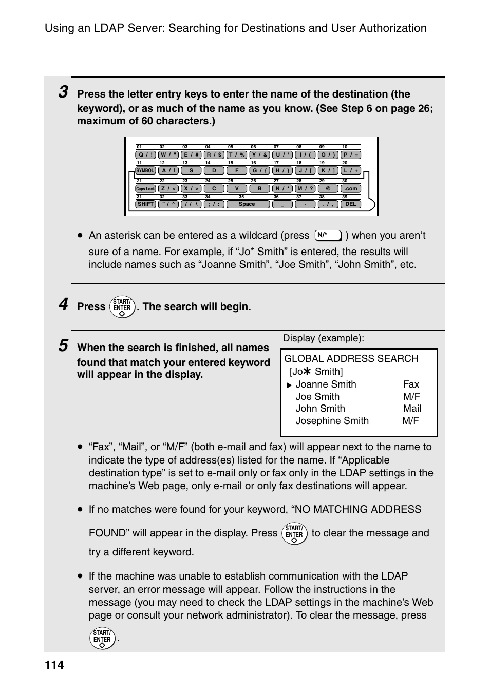 Press . the search will begin, Global address search [jo | Sharp FO-DC535 User Manual | Page 116 / 248