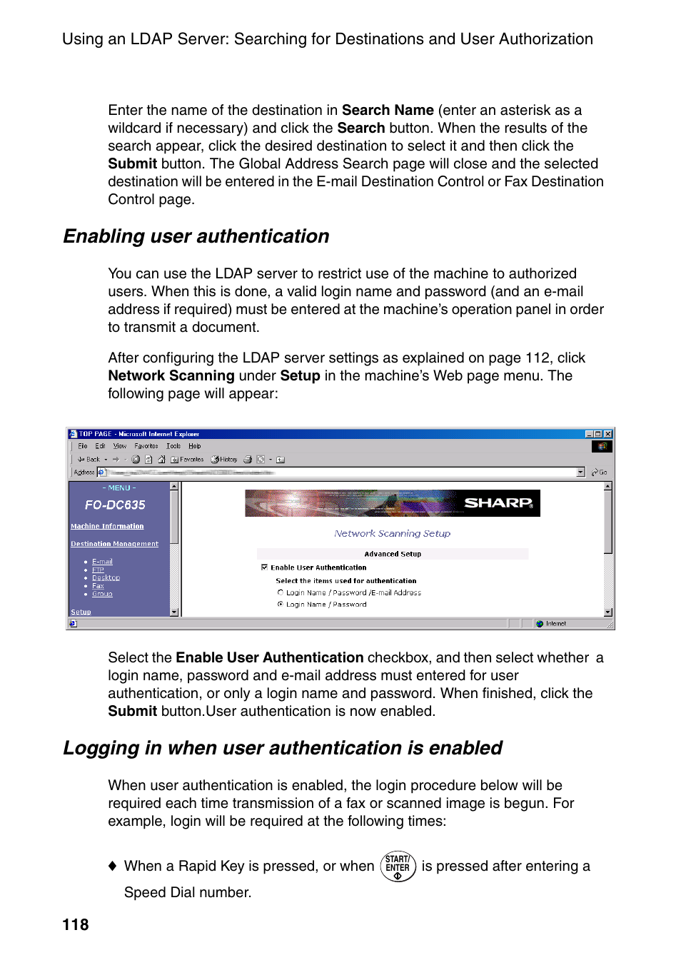 Enabling user authentication, Logging in when user authentication is enabled | Sharp FO-DC535 User Manual | Page 120 / 248