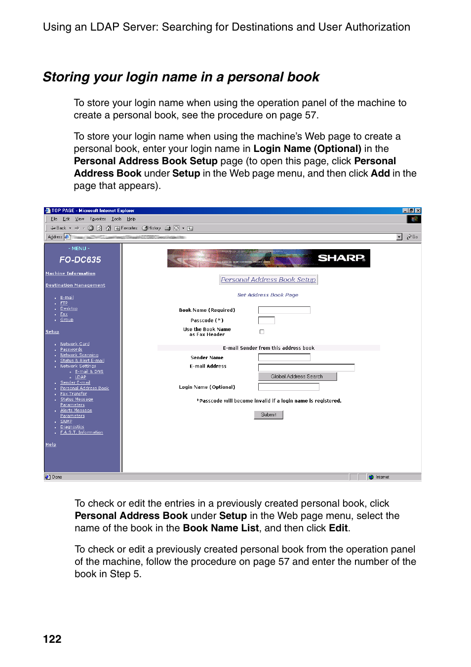 Storing your login name in a personal book | Sharp FO-DC535 User Manual | Page 124 / 248