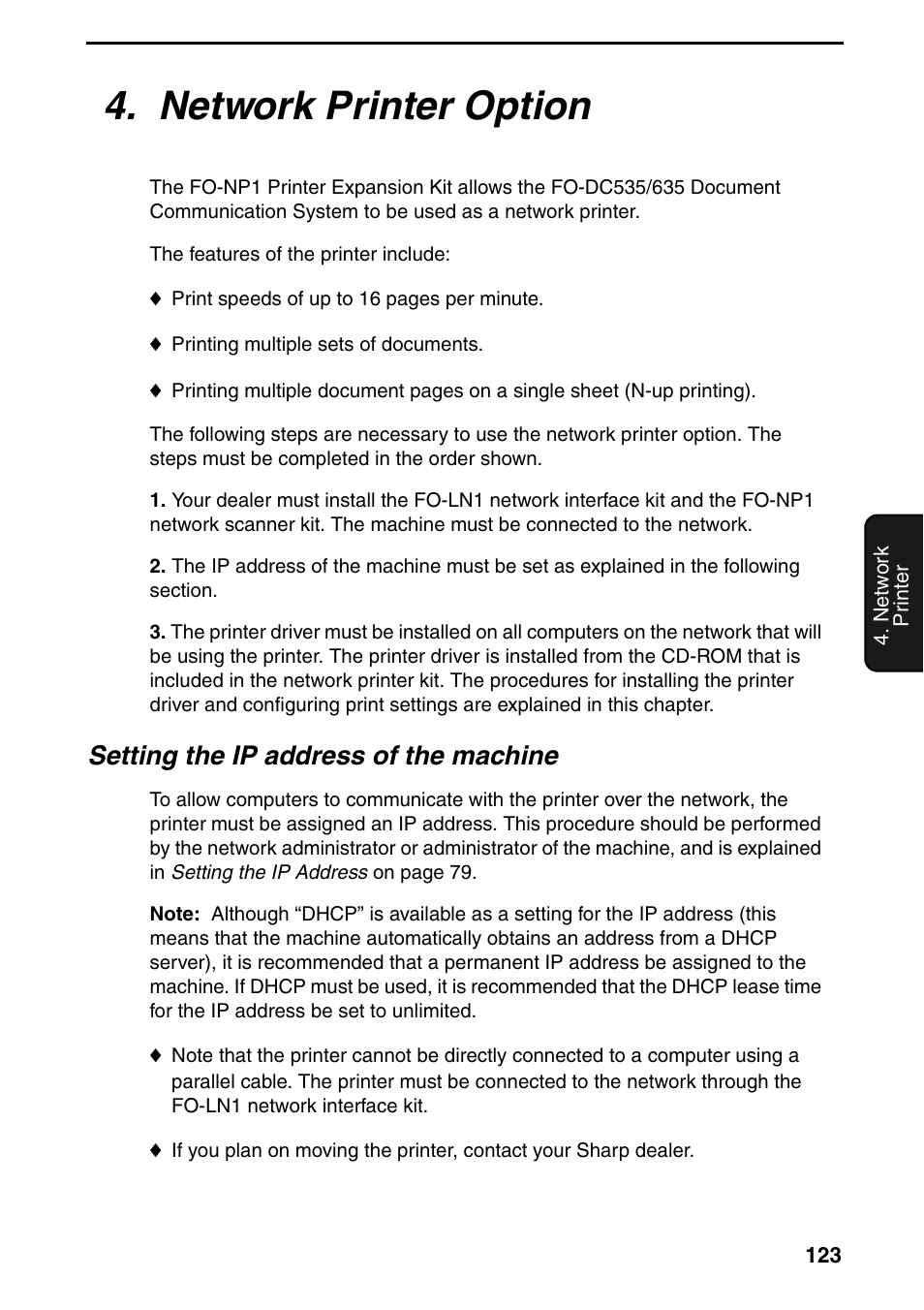 Network printer option, Setting the ip address of the machine | Sharp FO-DC535 User Manual | Page 125 / 248