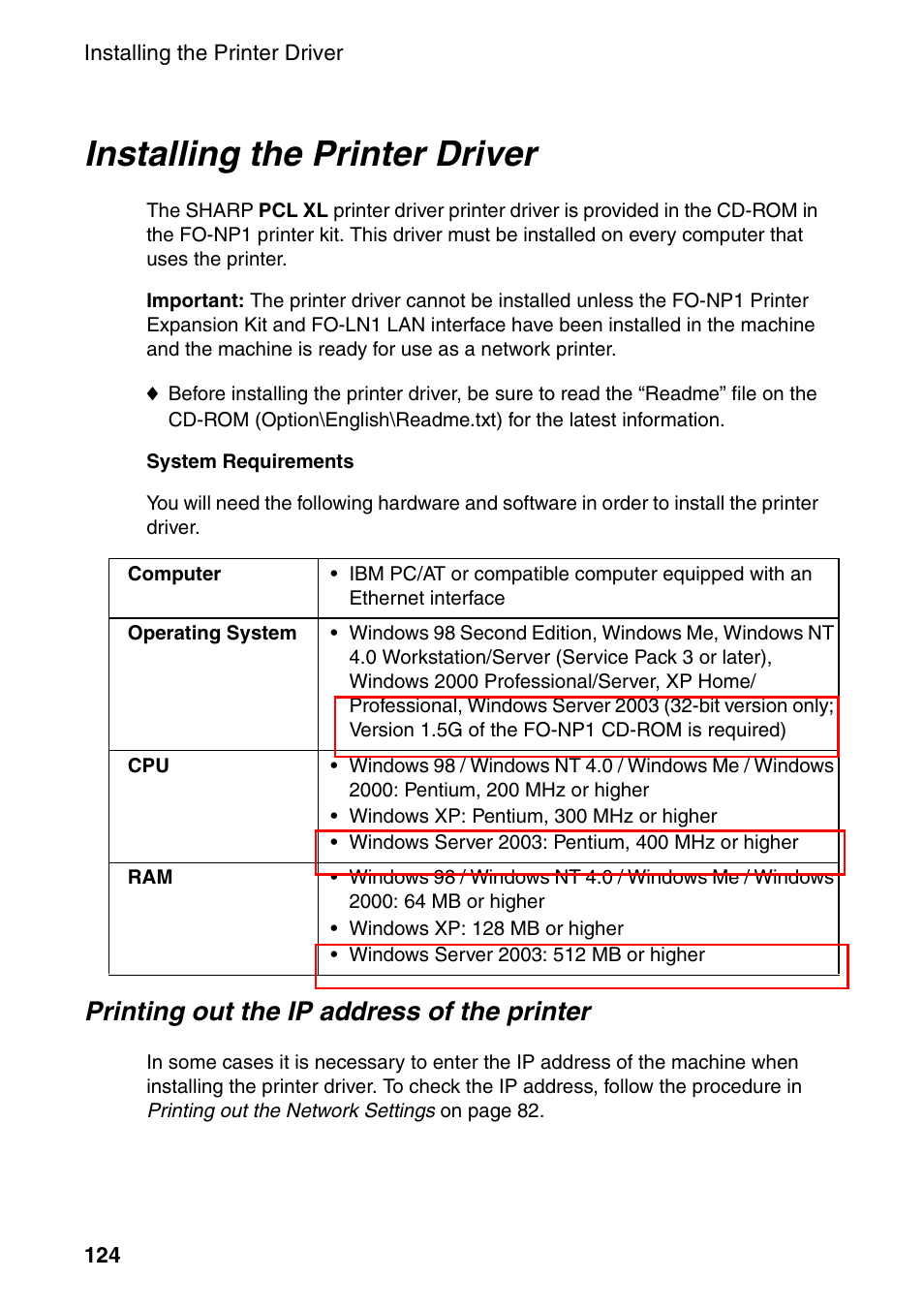 Installing the printer driver, Printing out the ip address of the printer | Sharp FO-DC535 User Manual | Page 126 / 248