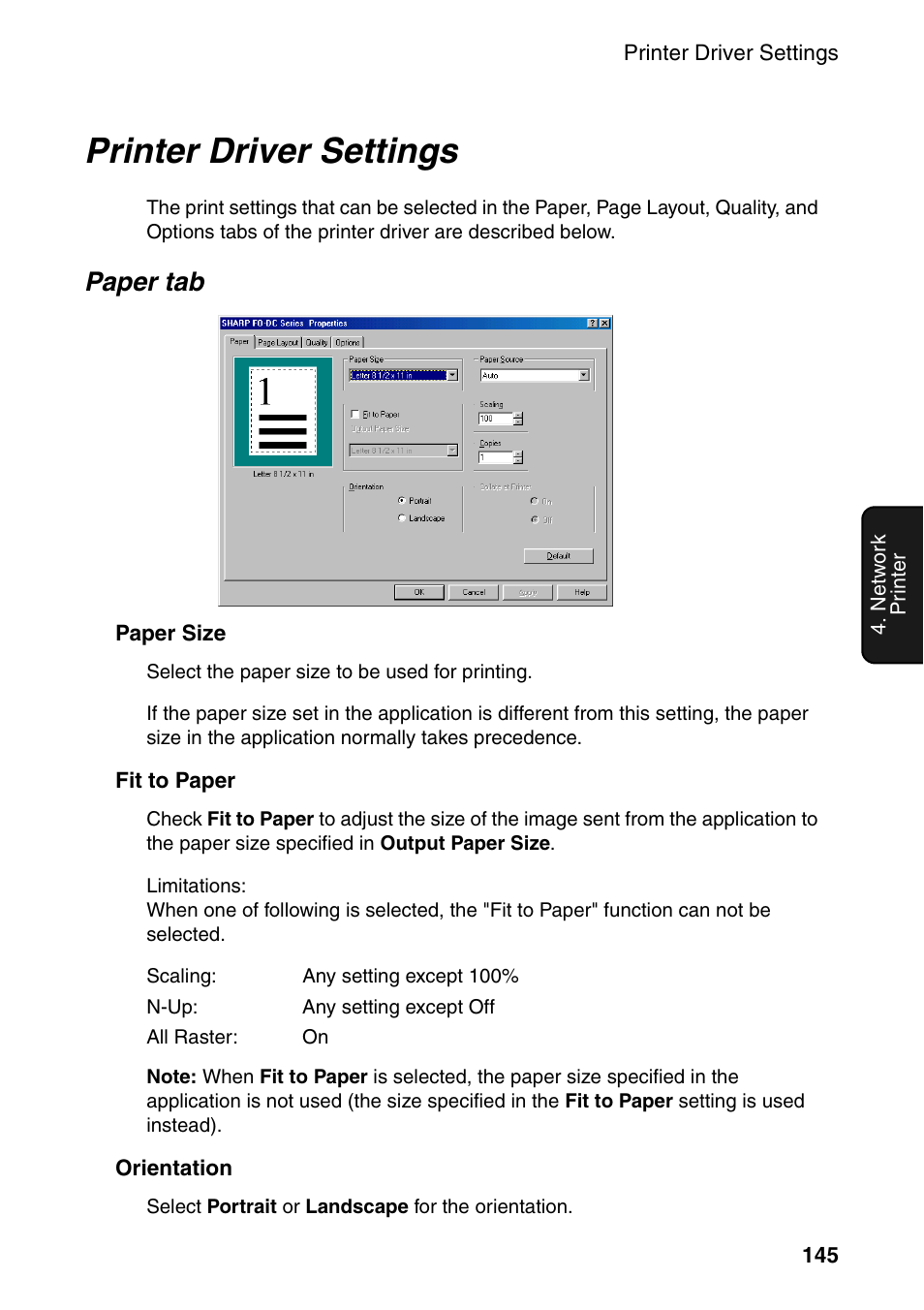 Printer driver settings, Paper tab | Sharp FO-DC535 User Manual | Page 147 / 248