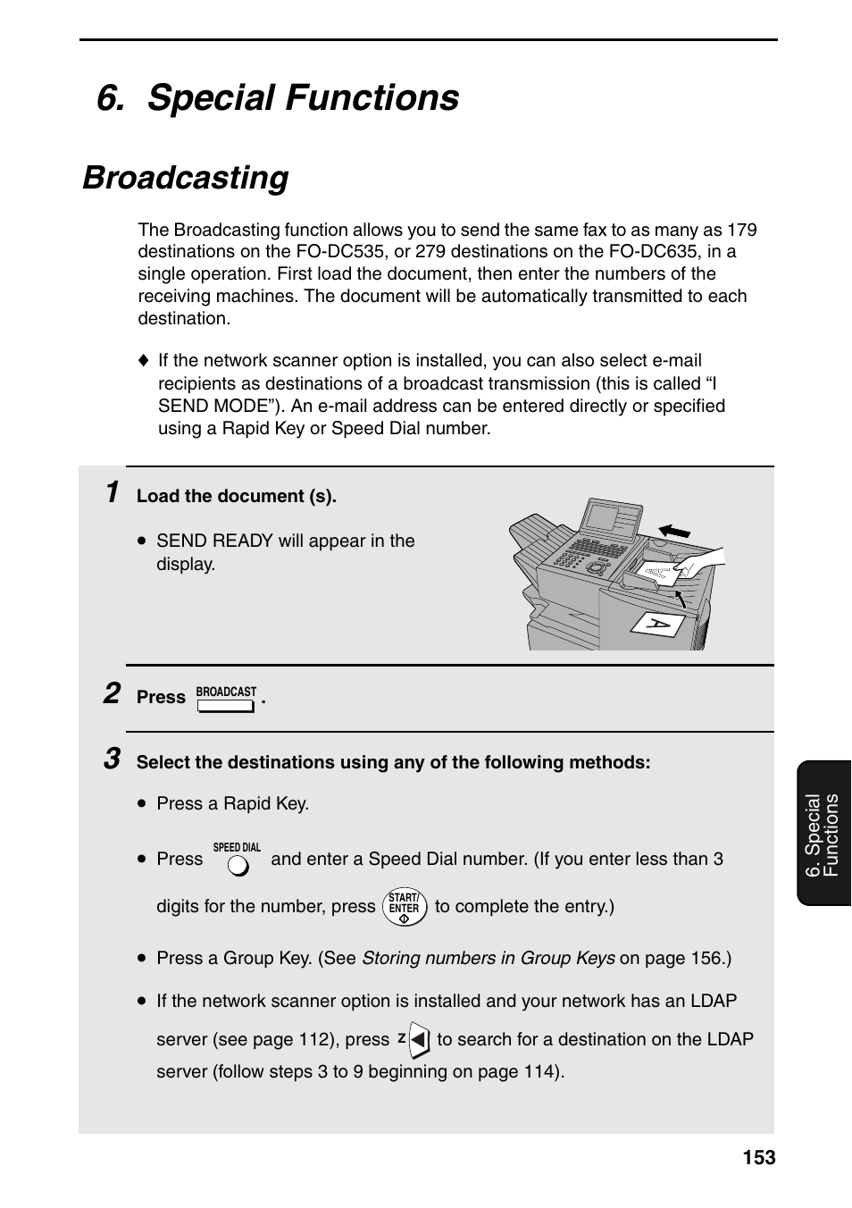 Special functions, Broadcasting, Ge 153 | Sharp FO-DC535 User Manual | Page 155 / 248