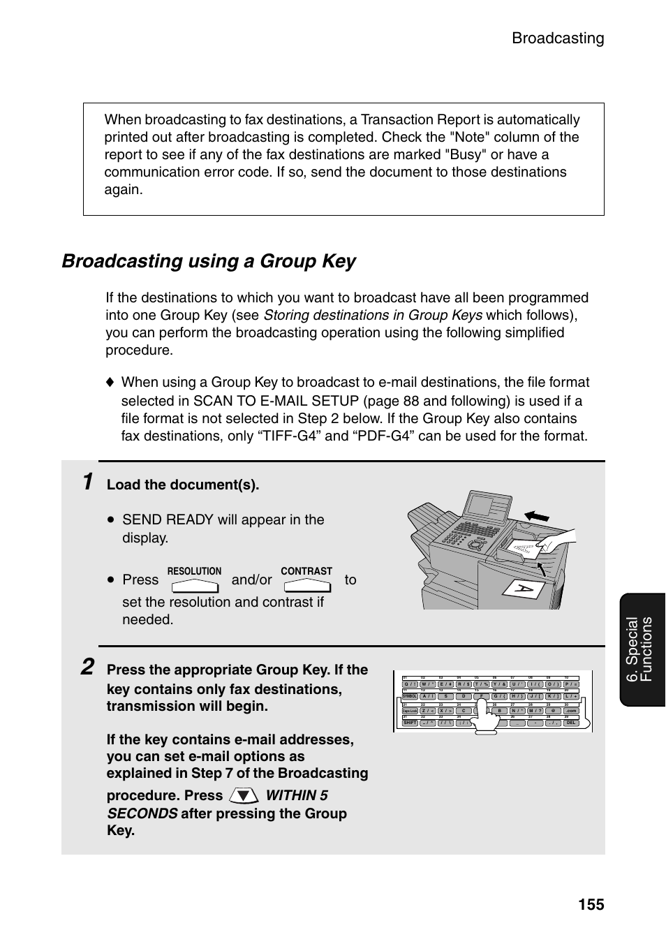 Broadcasting using a group key, Broadcasting 155, Special functions | Load the document(s), Send ready will appear in the display, Resolution contrast | Sharp FO-DC535 User Manual | Page 157 / 248