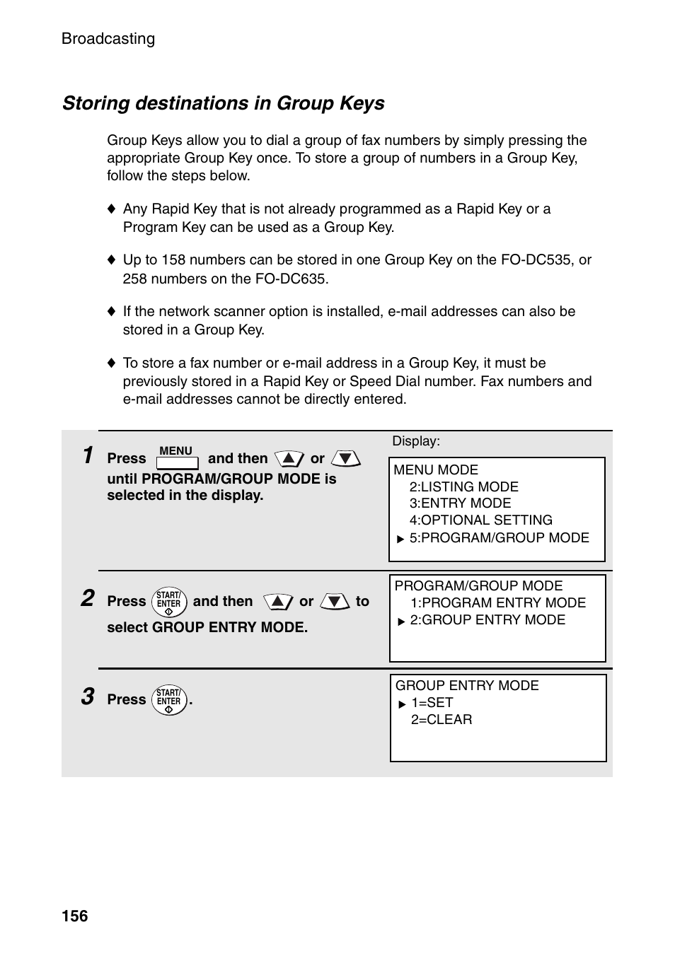 Age 156), Storing destinations in group keys | Sharp FO-DC535 User Manual | Page 158 / 248