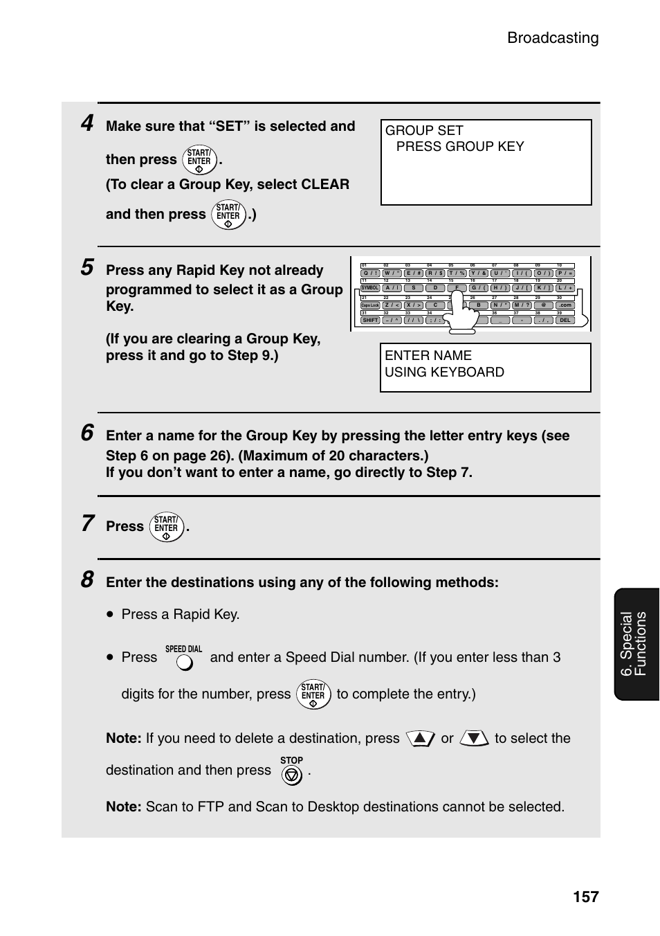 Broadcasting 157, Special functions, Press | Press a rapid key, Enter name using keyboard, Group set press group key | Sharp FO-DC535 User Manual | Page 159 / 248