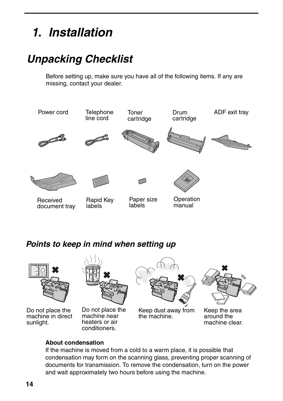 Installation, Unpacking checklist, Points to keep in mind when setting up | Sharp FO-DC535 User Manual | Page 16 / 248