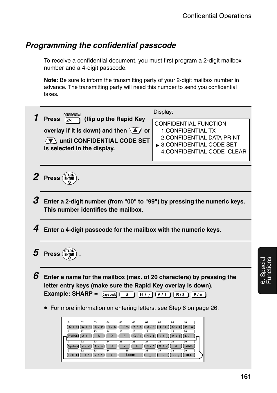 Programming the confidential passcode, Confidential operations 161, Special functions | Press | Sharp FO-DC535 User Manual | Page 163 / 248