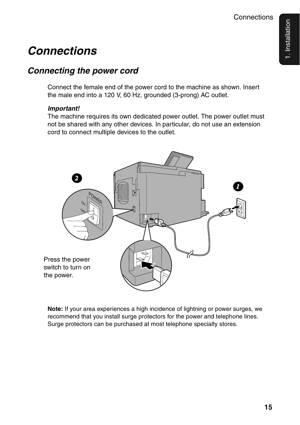 Connections, Connecting the power cord | Sharp FO-DC535 User Manual | Page 17 / 248