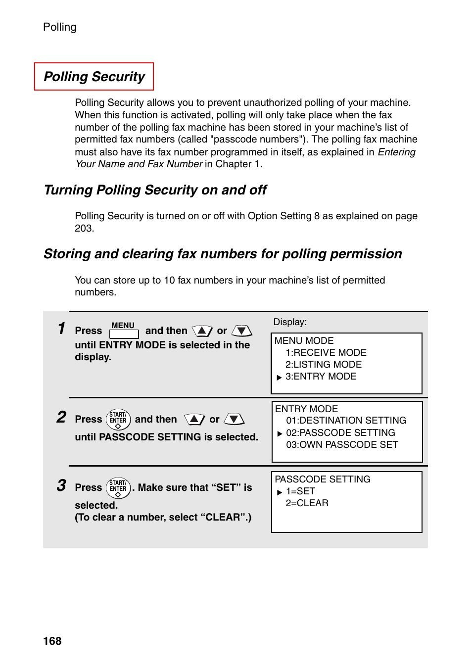 Polling security, Turning polling security on and off | Sharp FO-DC535 User Manual | Page 170 / 248