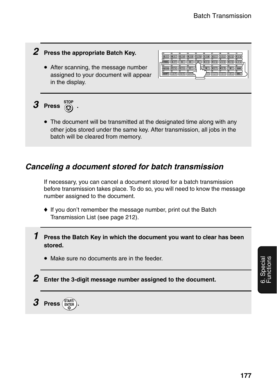 Canceling a document stored for batch transmission, Batch transmission 177, Special functions | Press the appropriate batch key, Press, Make sure no documents are in the feeder | Sharp FO-DC535 User Manual | Page 179 / 248