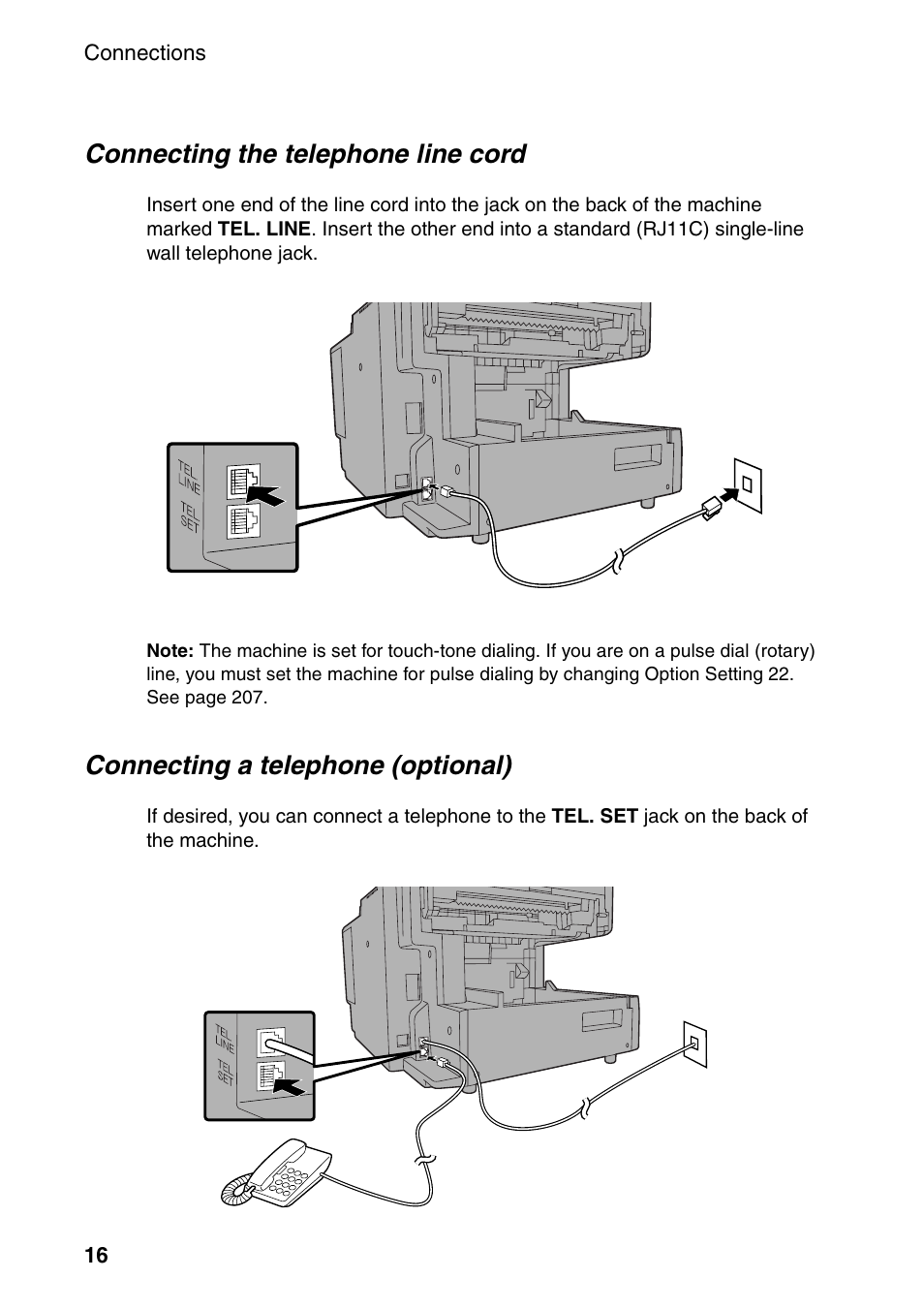 Connecting the telephone line cord, Connecting a telephone (optional) | Sharp FO-DC535 User Manual | Page 18 / 248