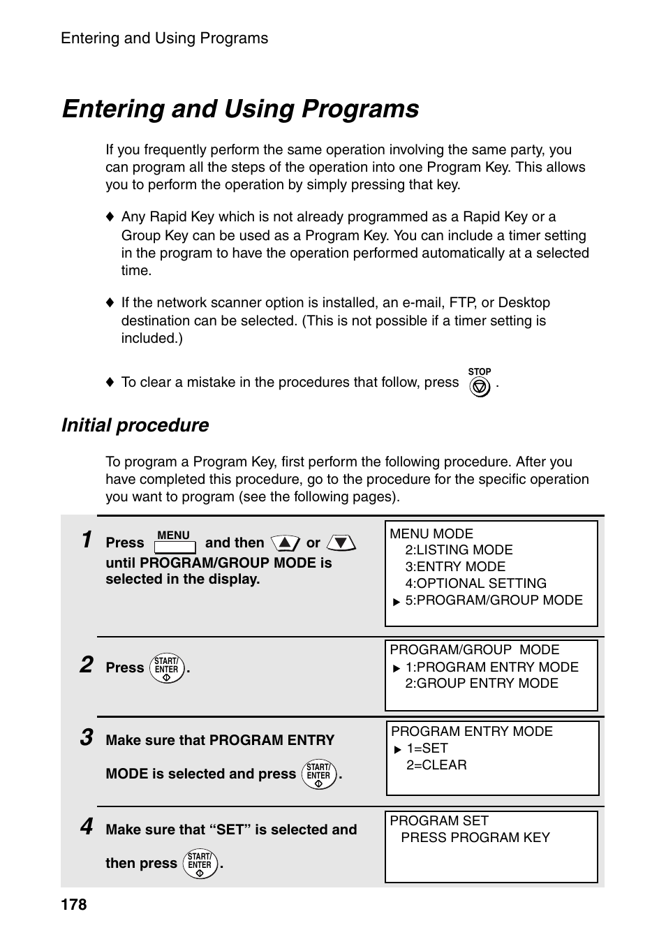 Entering and using programs, Age 178). (note: onl, Initial procedure | Sharp FO-DC535 User Manual | Page 180 / 248