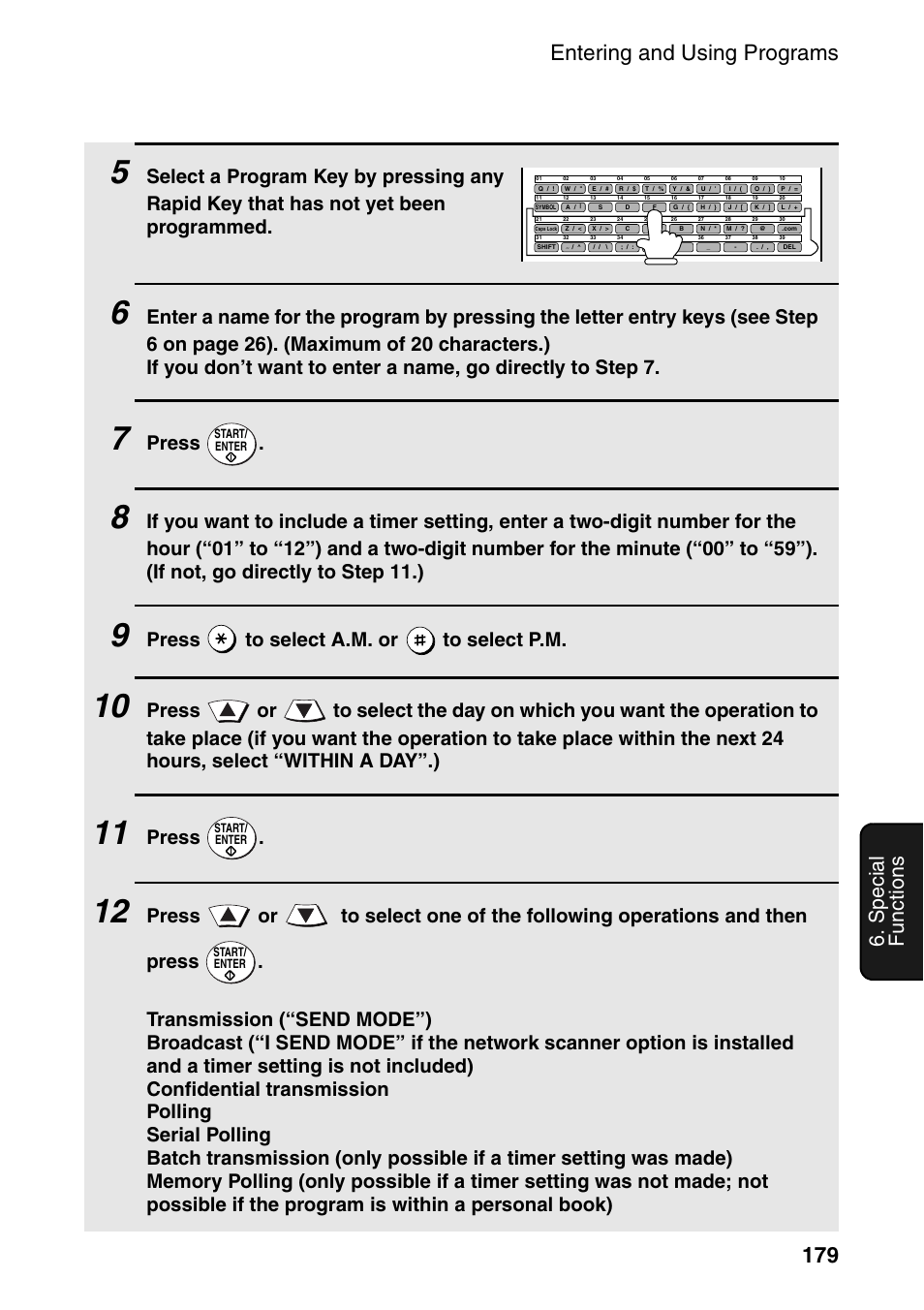 Entering and using programs 179, Special functions, Press | Press to select a.m. or to select p.m | Sharp FO-DC535 User Manual | Page 181 / 248