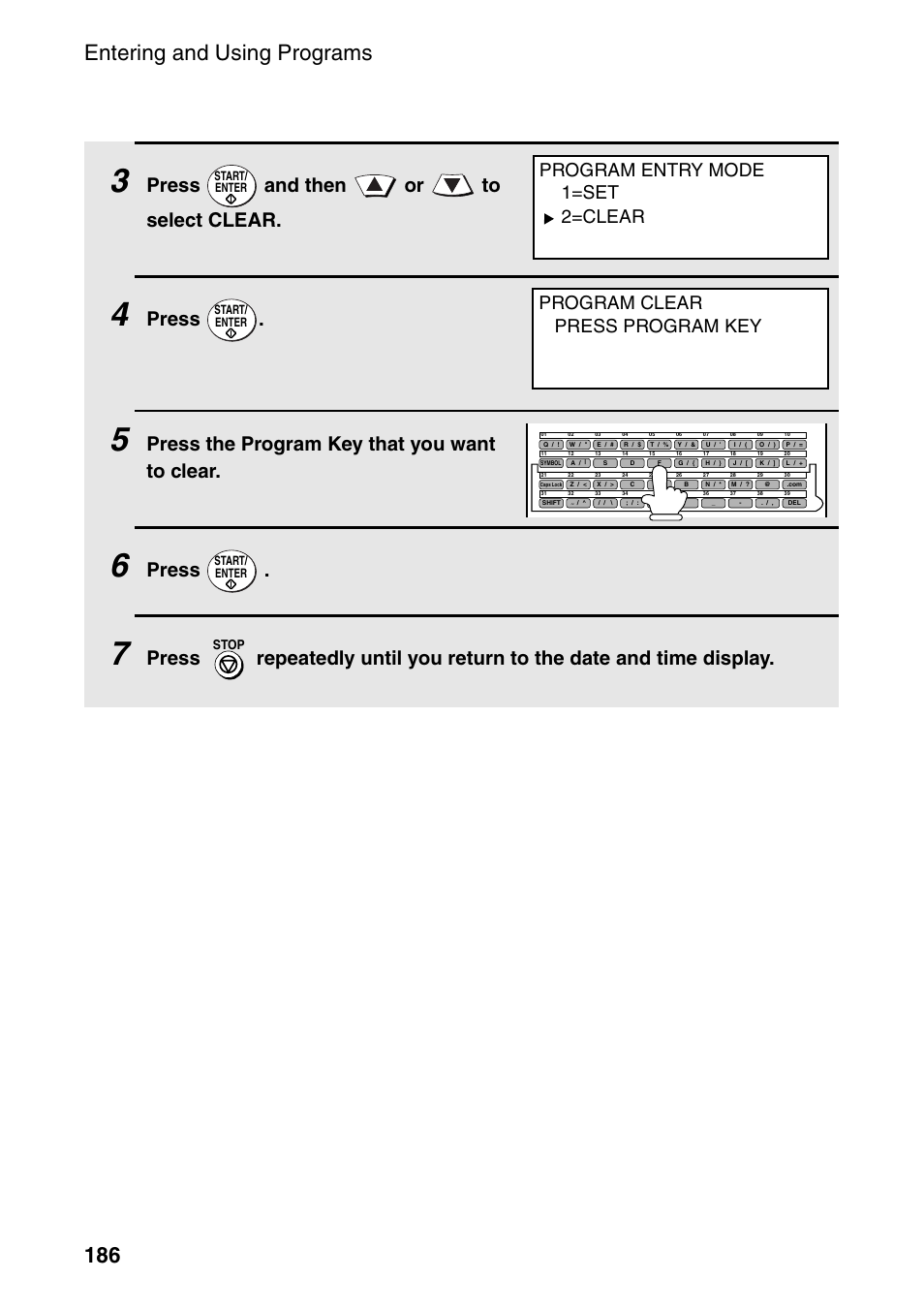 Entering and using programs 186, Press and then or to select clear, Press | Press the program key that you want to clear | Sharp FO-DC535 User Manual | Page 188 / 248