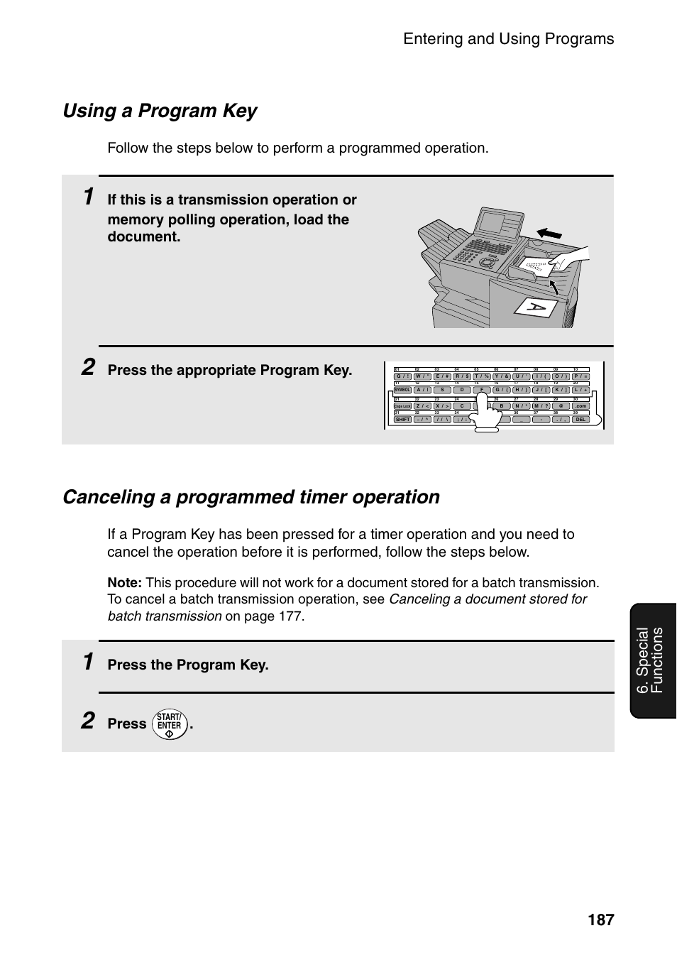 Using a program key, Canceling a programmed timer operation, Entering and using programs 187 | Special functions, Press the appropriate program key, Press the program key, Press, Start/ enter | Sharp FO-DC535 User Manual | Page 189 / 248