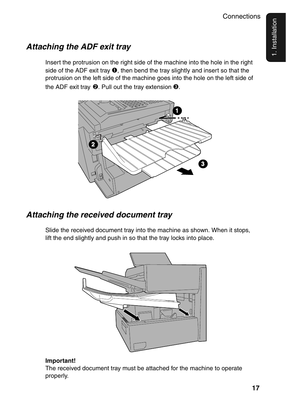 Attaching the adf exit tray, Attaching the received document tray | Sharp FO-DC535 User Manual | Page 19 / 248