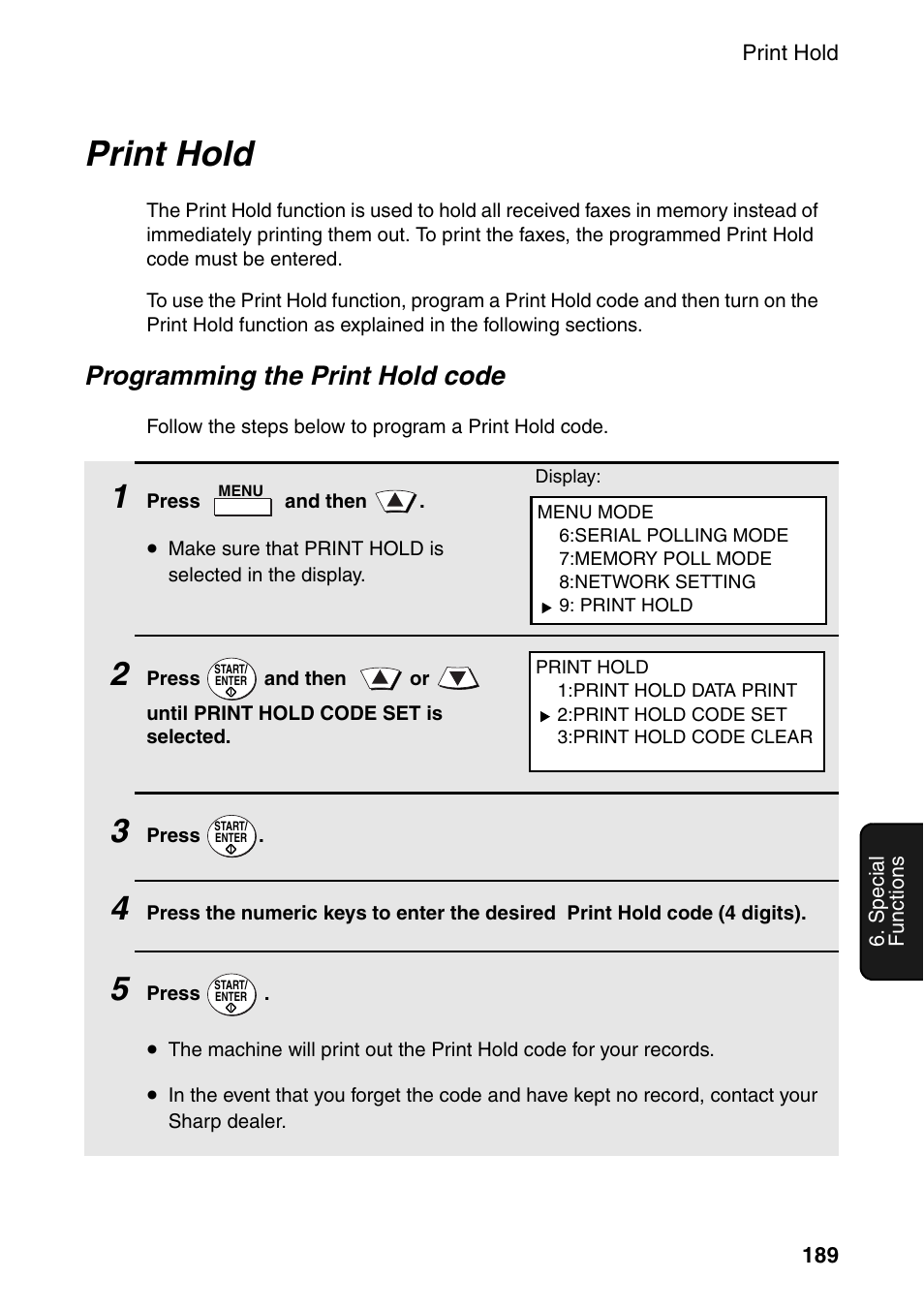 Print hold, Programming the print hold code | Sharp FO-DC535 User Manual | Page 191 / 248