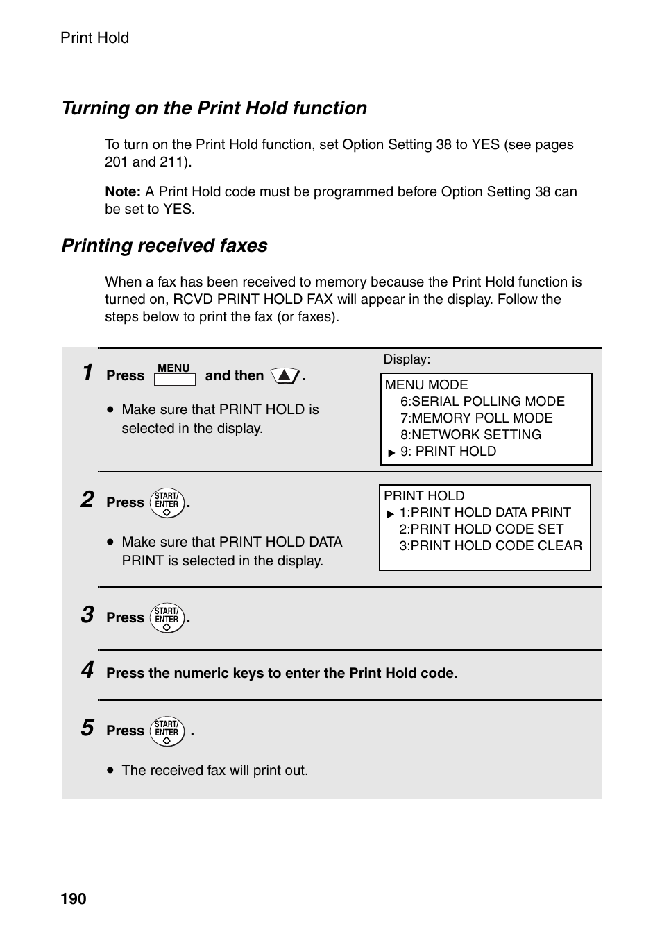 Turning on the print hold function, Printing received faxes | Sharp FO-DC535 User Manual | Page 192 / 248