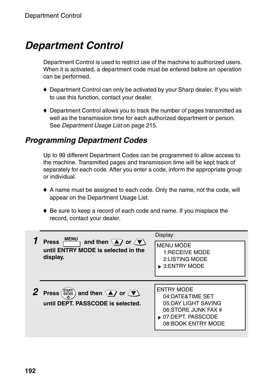 Department control, Programming department codes | Sharp FO-DC535 User Manual | Page 194 / 248