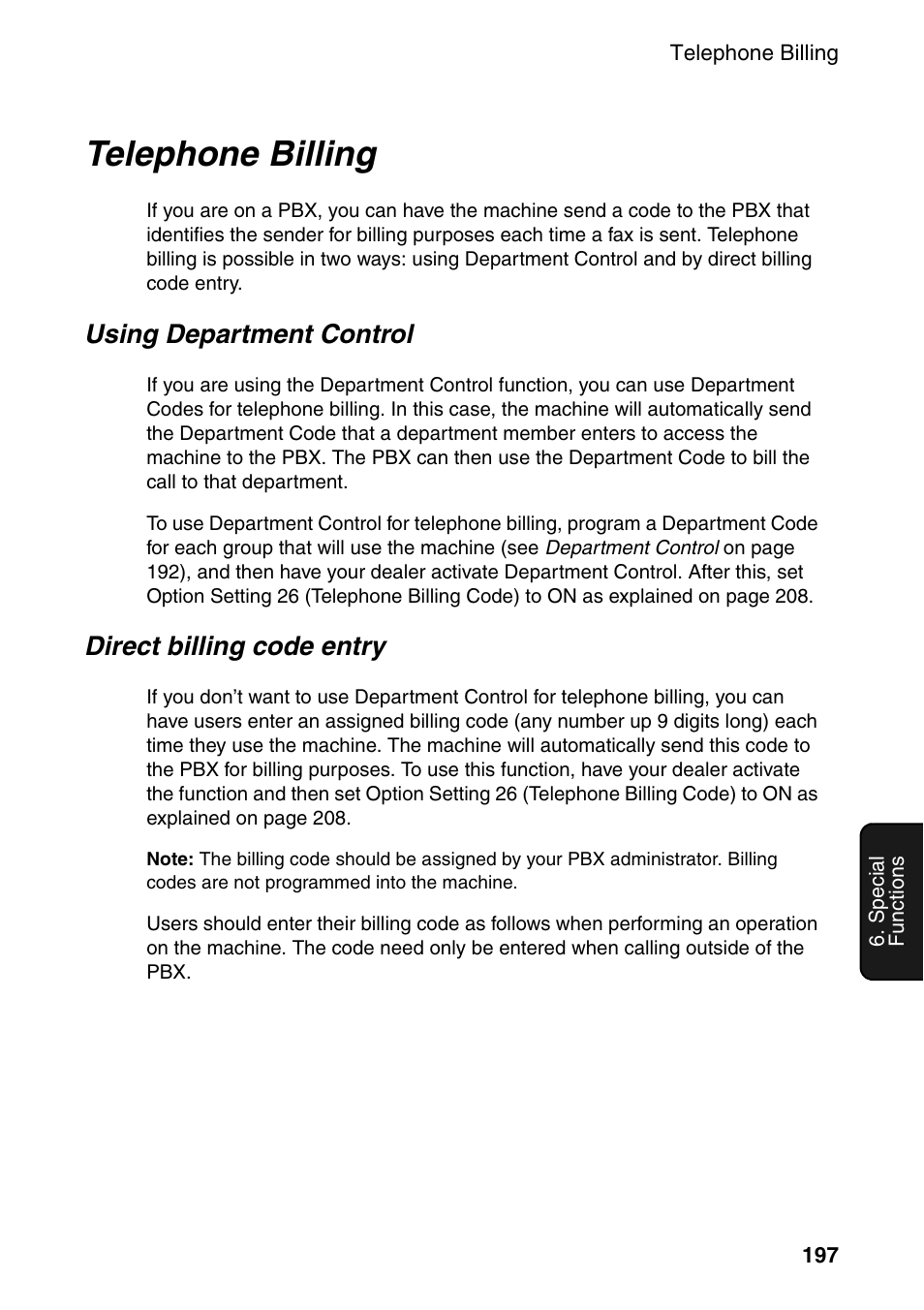 Telephone billing, Using department control, Direct billing code entry | Sharp FO-DC535 User Manual | Page 199 / 248