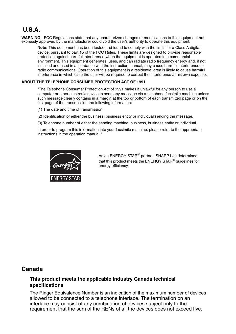 U.s.a. canada | Sharp FO-DC535 User Manual | Page 2 / 248