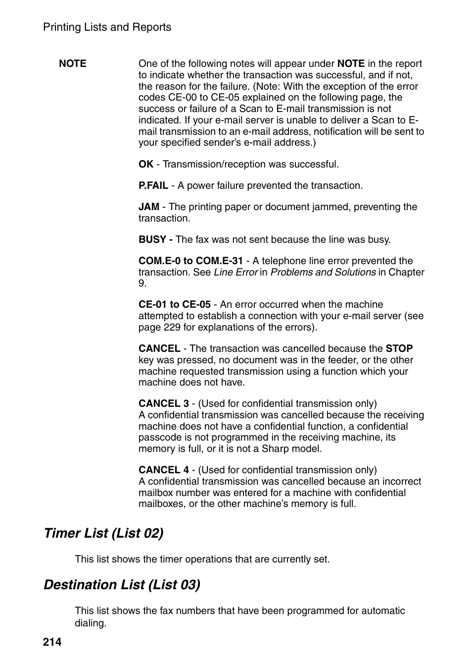 Timer list (list 02), Destination list (list 03) | Sharp FO-DC535 User Manual | Page 216 / 248