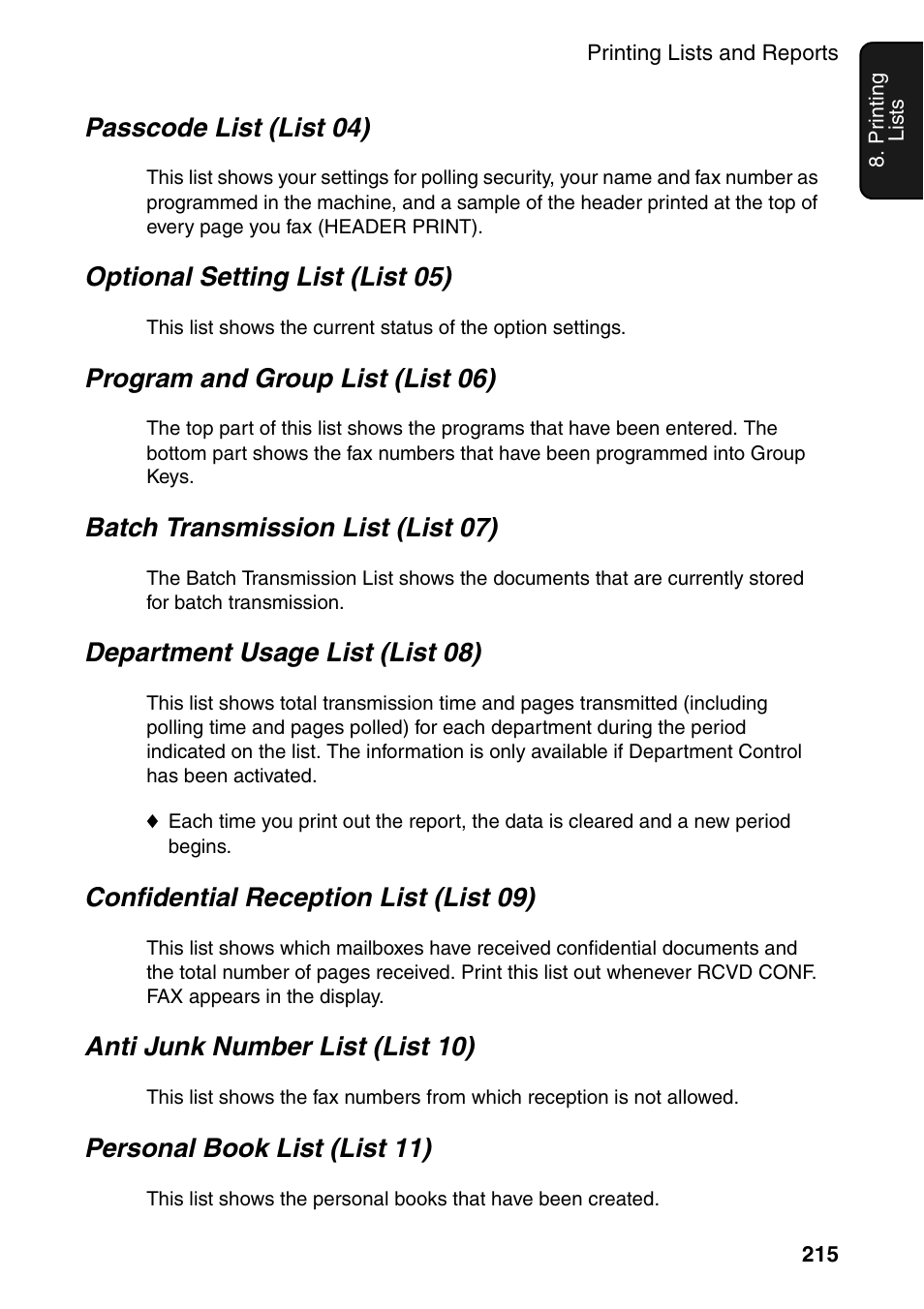 Passcode list (list 04), Optional setting list (list 05), Program and group list (list 06) | Batch transmission list (list 07), Department usage list (list 08), Confidential reception list (list 09), Anti junk number list (list 10), Personal book list (list 11) | Sharp FO-DC535 User Manual | Page 217 / 248