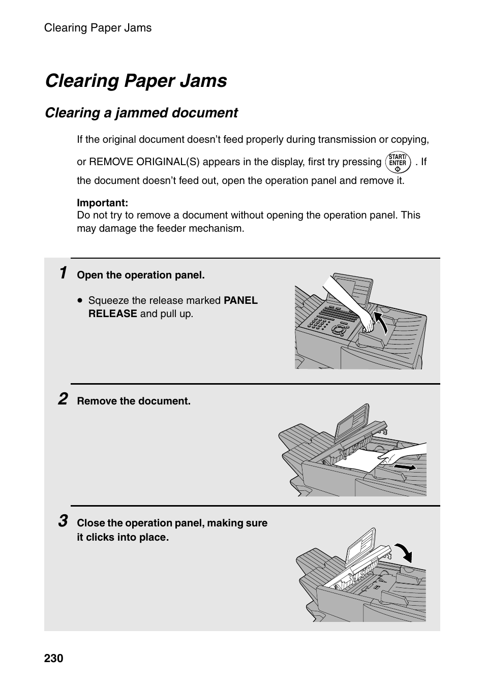 Clearing paper jams, Clearing a jammed document | Sharp FO-DC535 User Manual | Page 232 / 248