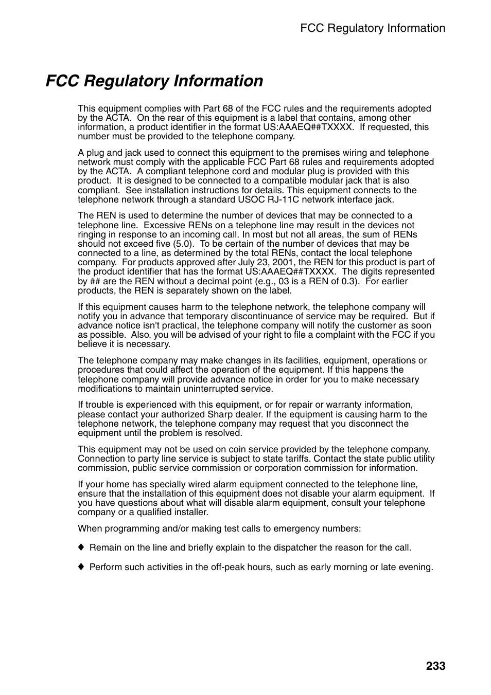 Fcc regulatory information | Sharp FO-DC535 User Manual | Page 235 / 248