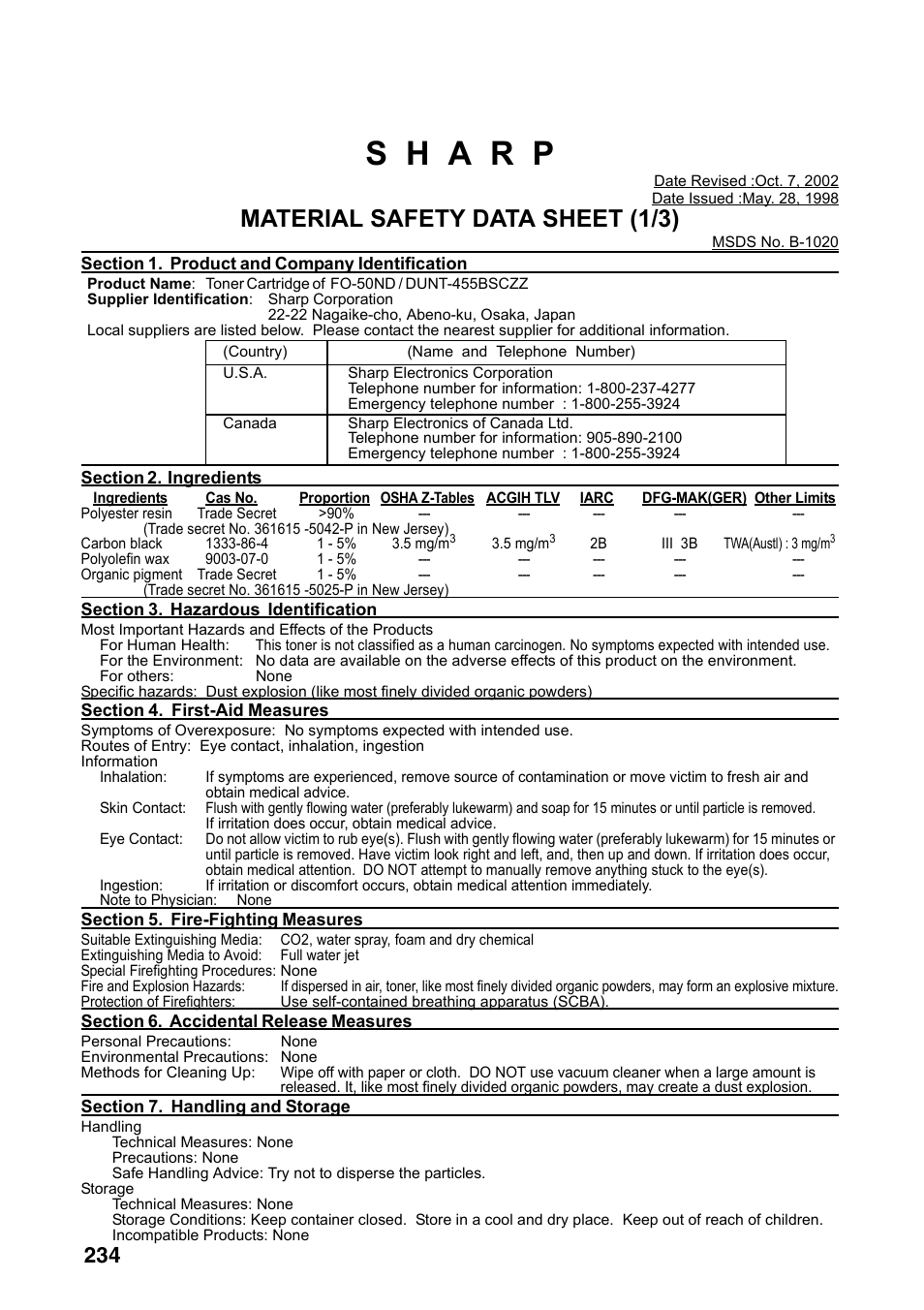 Material safety data sheet (1/3) | Sharp FO-DC535 User Manual | Page 236 / 248