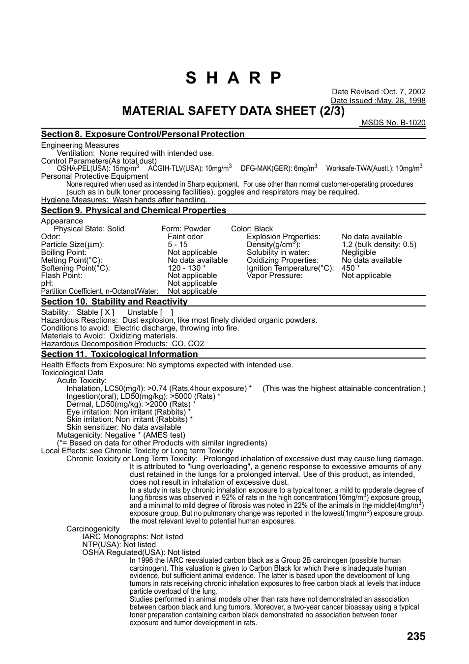 Material safety data sheet (2/3) | Sharp FO-DC535 User Manual | Page 237 / 248