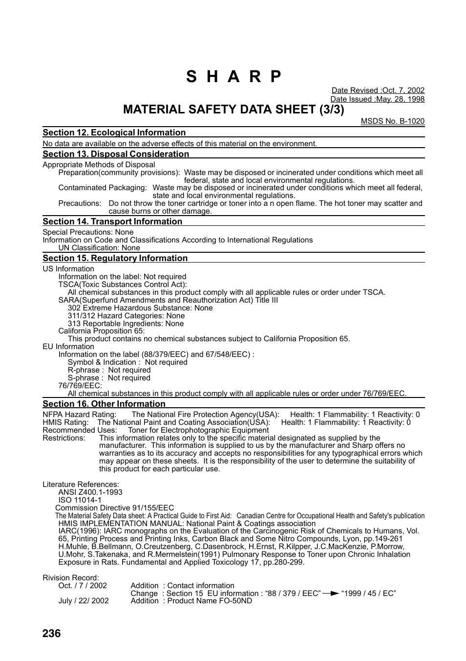 Material safety data sheet (3/3) | Sharp FO-DC535 User Manual | Page 238 / 248