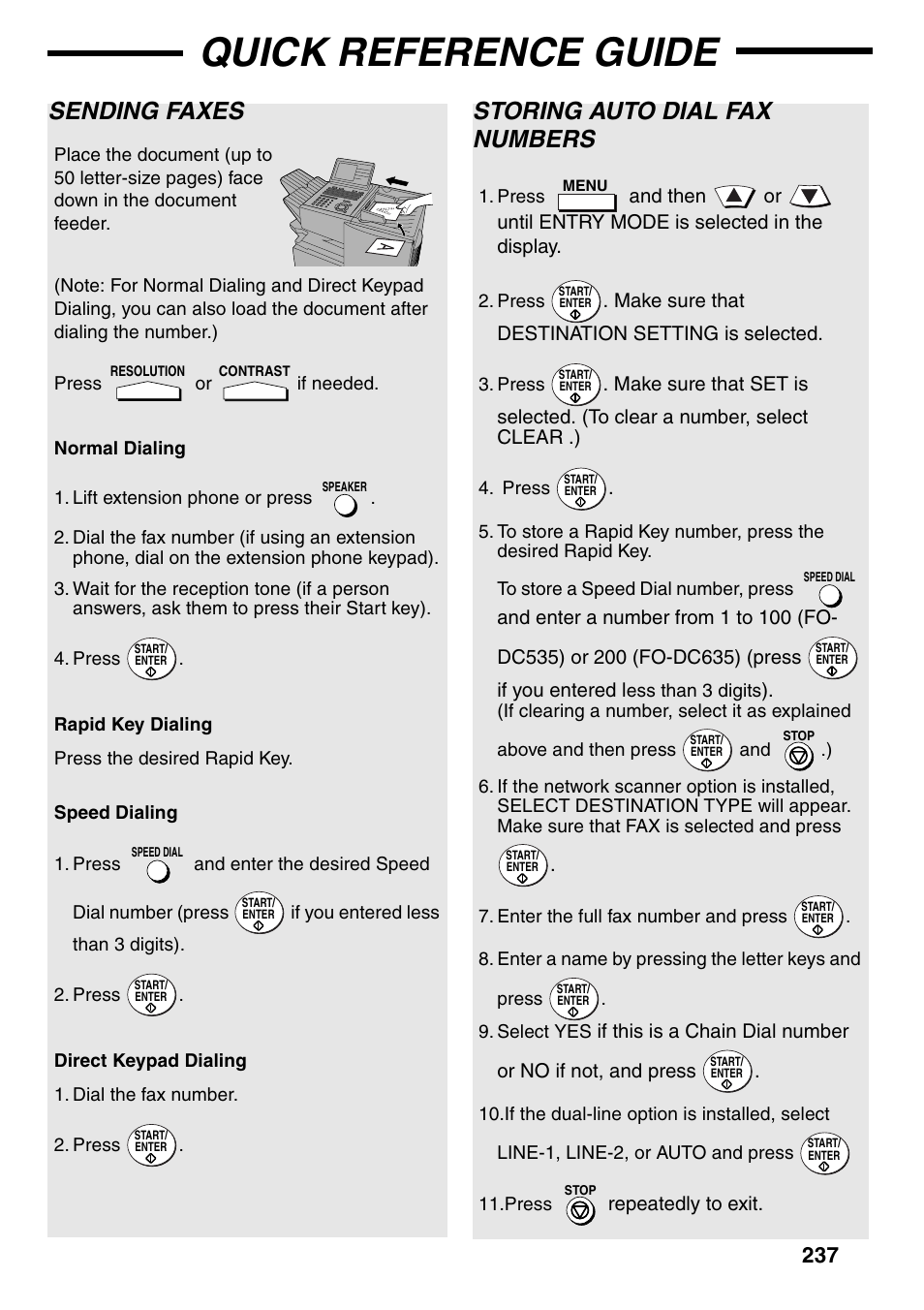 Quick reference guide, Sending faxes, Storing auto dial fax numbers | Sharp FO-DC535 User Manual | Page 239 / 248