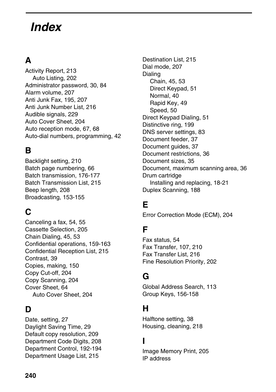 Index | Sharp FO-DC535 User Manual | Page 242 / 248