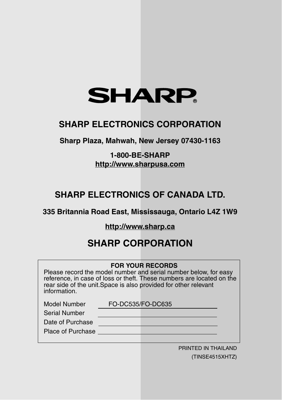 Sharp corporation, Sharp electronics corporation, Sharp electronics of canada ltd | Sharp FO-DC535 User Manual | Page 248 / 248