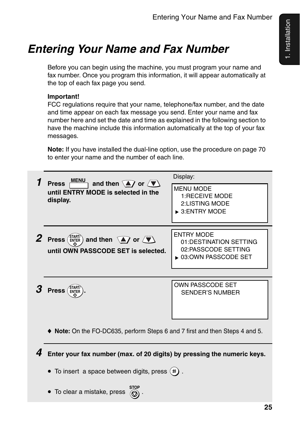 Entering your name and fax number | Sharp FO-DC535 User Manual | Page 27 / 248