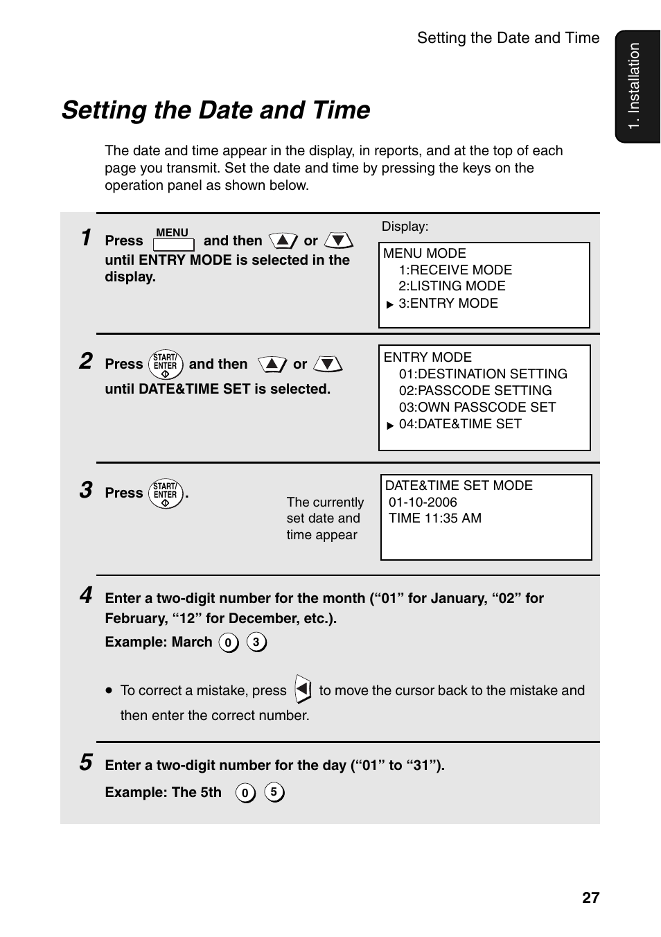 Setting the date and time | Sharp FO-DC535 User Manual | Page 29 / 248