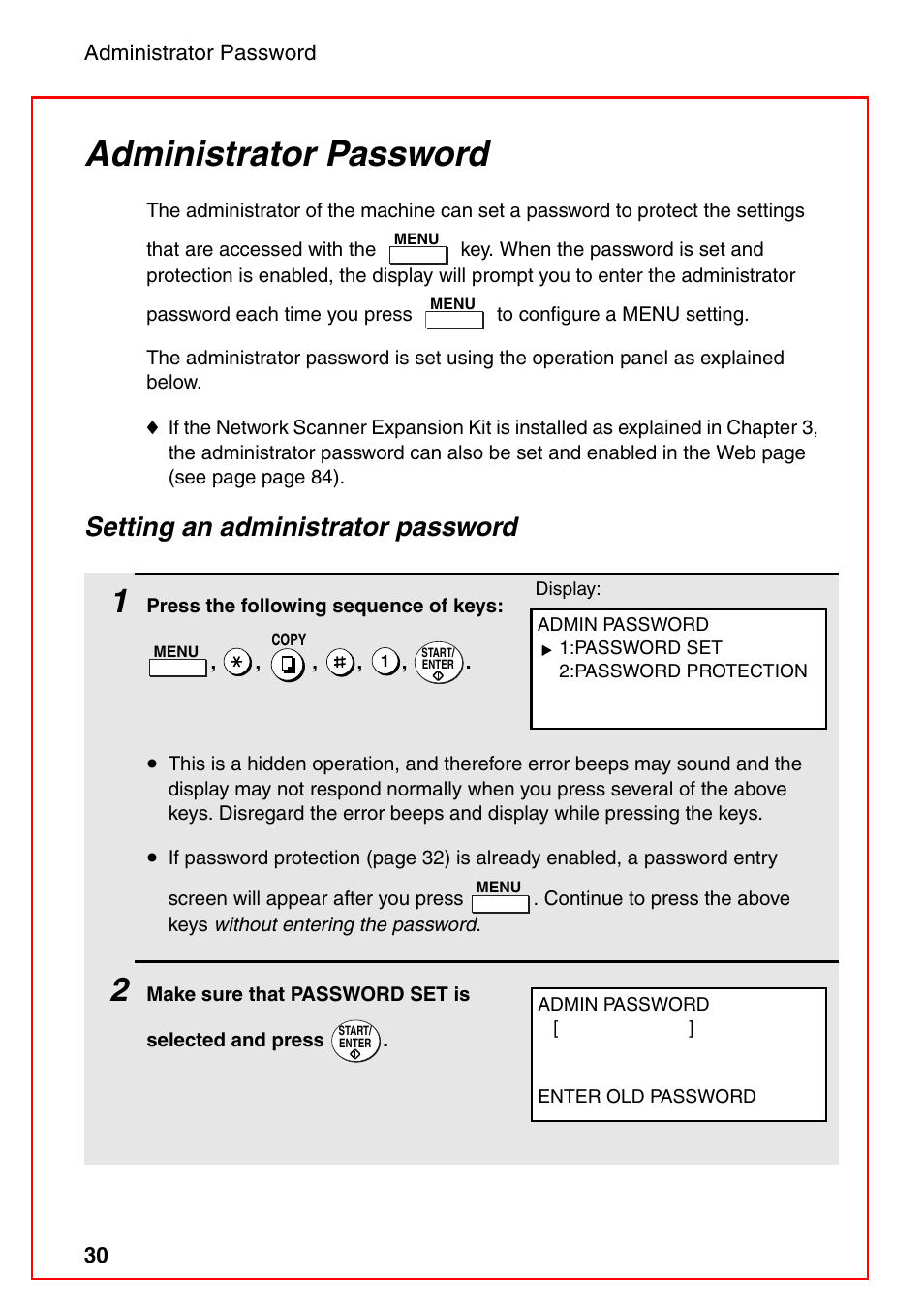 Administrator password, Setting an administrator password | Sharp FO-DC535 User Manual | Page 32 / 248