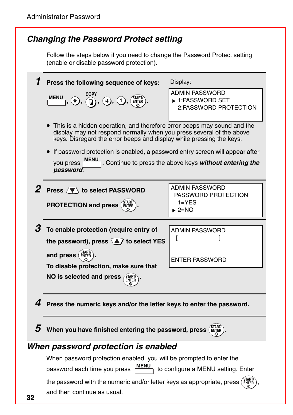 When password protection is enabled, Changing the password protect setting | Sharp FO-DC535 User Manual | Page 34 / 248