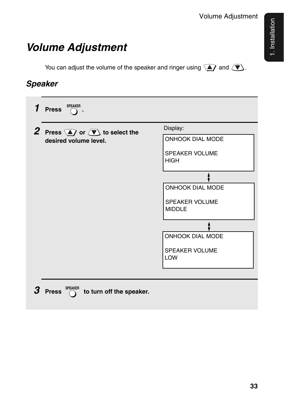 Volume adjustment, Speaker | Sharp FO-DC535 User Manual | Page 35 / 248