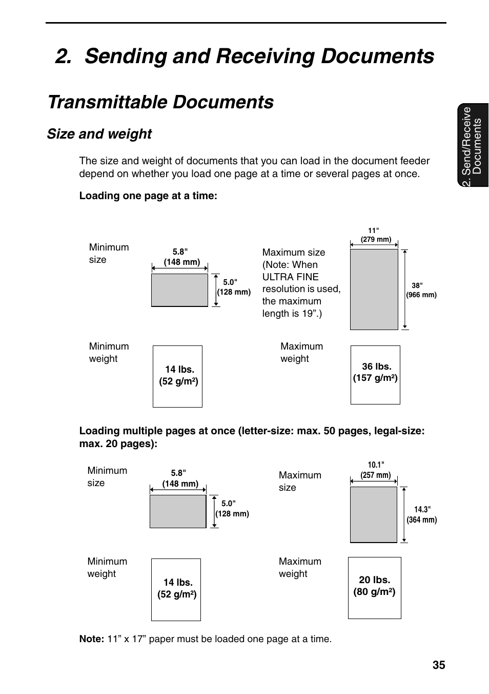 Sending and receiving documents, Transmittable documents, Size and weight | Sharp FO-DC535 User Manual | Page 37 / 248