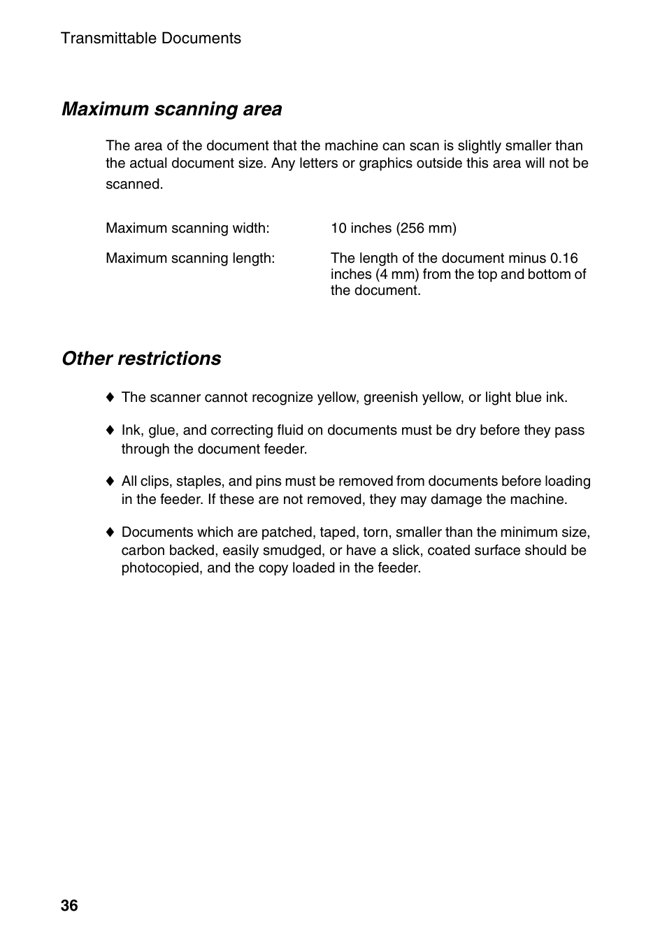 Maximum scanning area, Other restrictions | Sharp FO-DC535 User Manual | Page 38 / 248